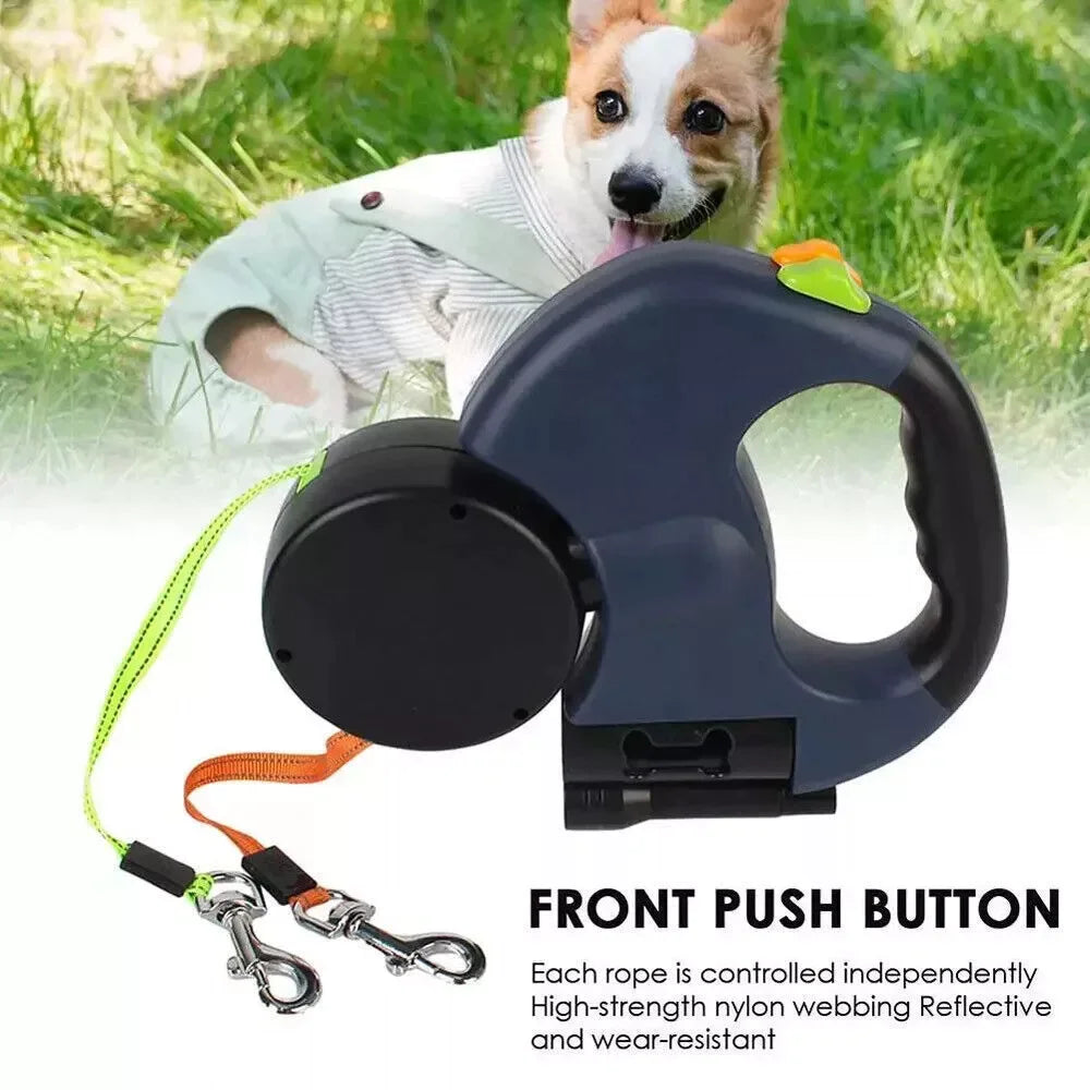 Dual Pet Leash – Retractable Reflective Lead with 360° Swivel for Double Dog Walking